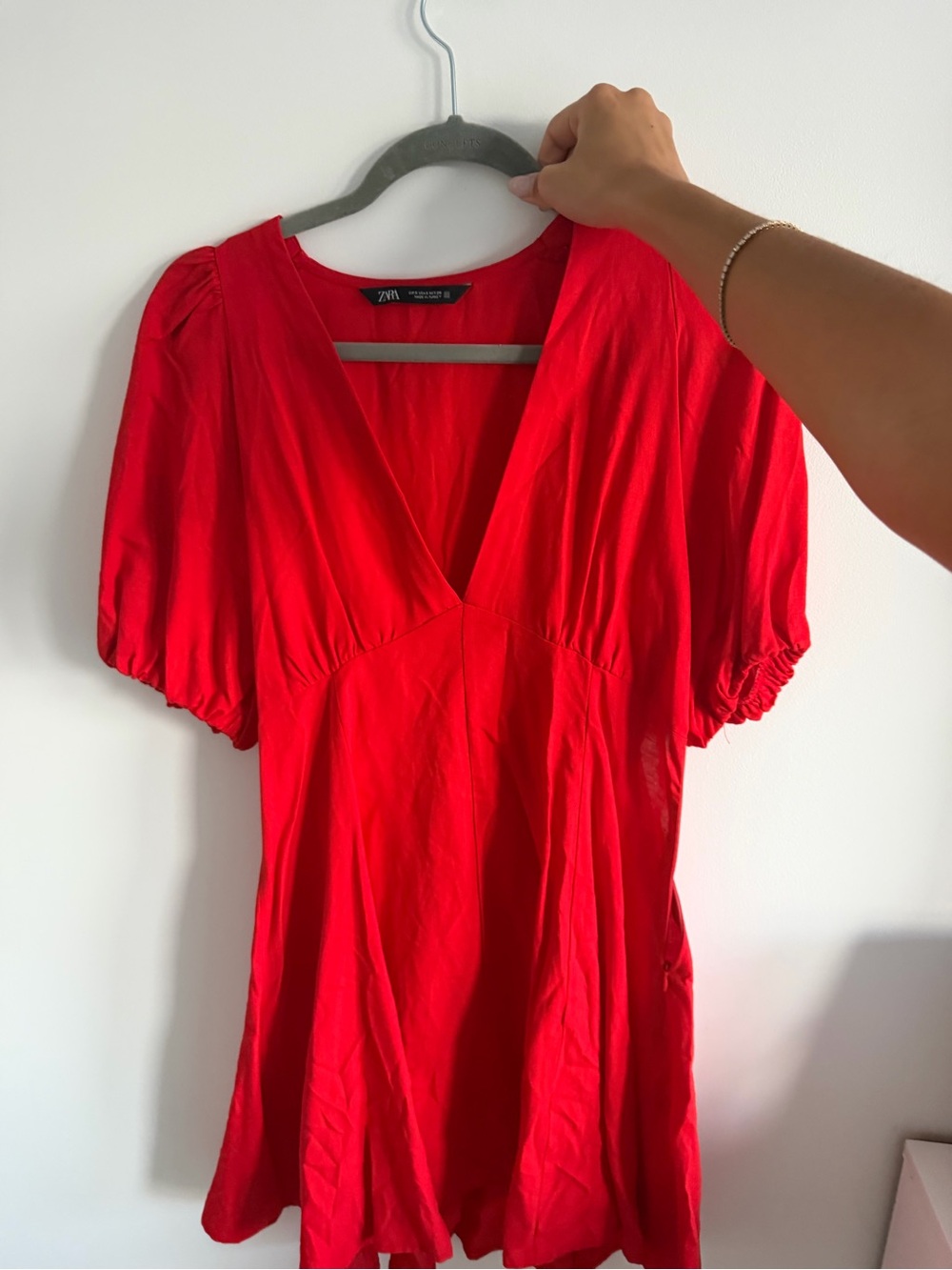 Zara Red V-Neck Puff Sleeve Mini Dress